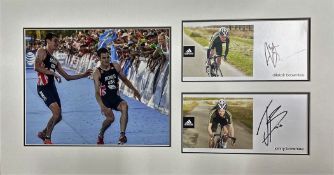 Alistair and Jonny Brownlee signature pieces mounted alongside colour photo. Approx size 20x12.