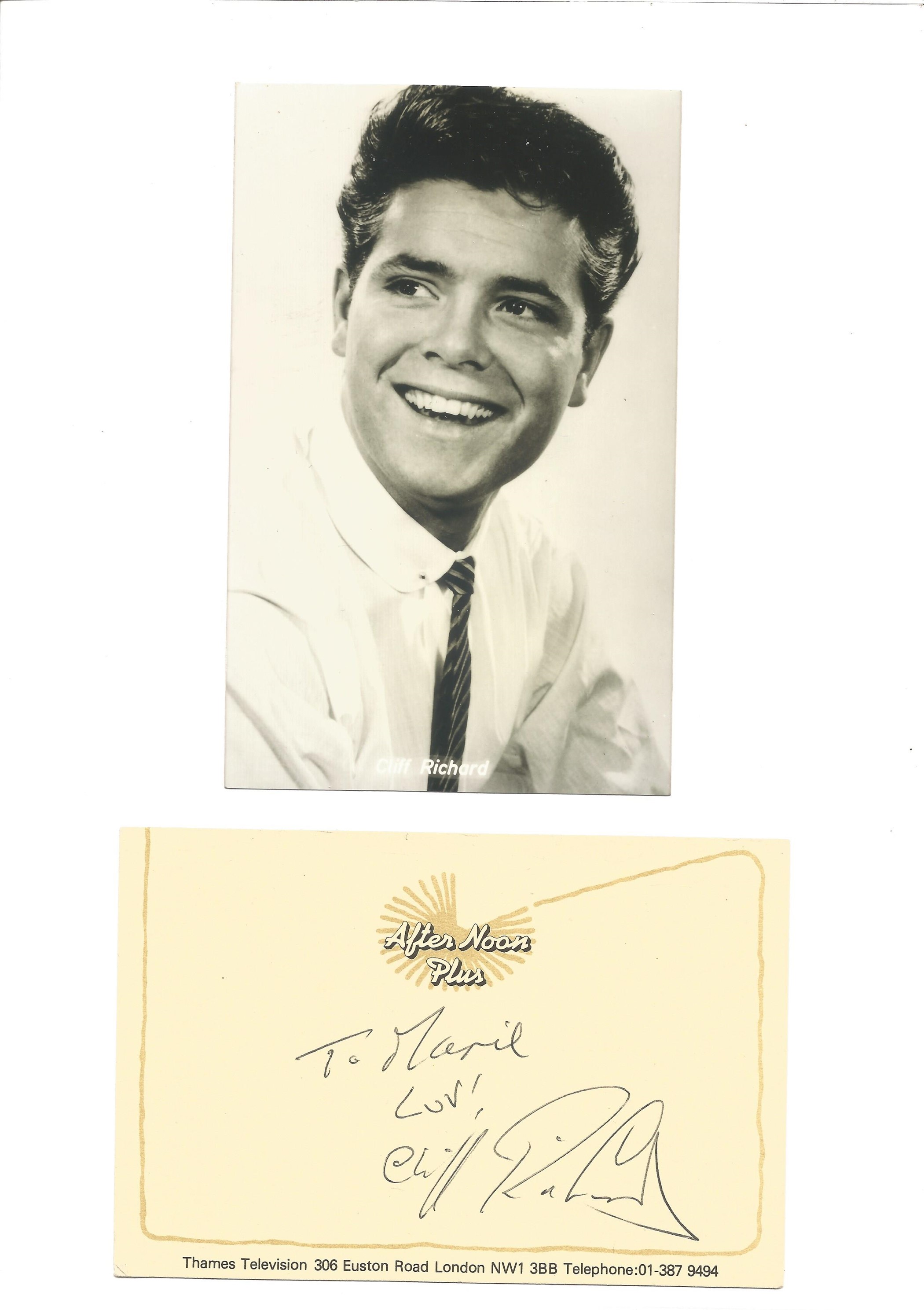 Cliff Richard dedicated signature piece below black and white photo.Good condition. All autographs