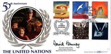 David Hannay signed Benham cover commemorating the 50th Anniversary of The United Nations. This