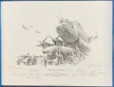 WW2 Nicolas Trudgian Multi Signed Black and white Pencil Drawn Print Titled Operation Catechism.
