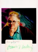David Hockney signature piece attached to colour photo. English painter, draftsman, printmaker,