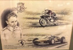 Racing Legend John Surtees CBE Hand signed 30x22 Colour Print. Set within a Black wooden frame.