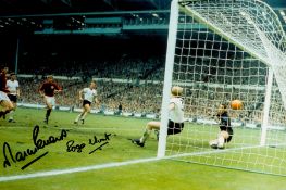 Martin Peters and Roger Hunt signed 1966 World Cup Final 12x8 colour photo. Good condition. All