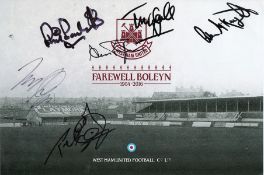 Football West Ham Multi Signed black and white stadium photo. Includes 5 signatures. Good condition.