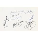 Multi-signed Man Utd white card. Signed by 8. Signatures include Matt Busby, Jack Crompton, Johnny