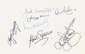 Multi-signed Man Utd white card. Signed by 8. Signatures include Matt Busby, Jack Crompton, Johnny