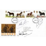 Lester Piggott, Willie Carson and Mike Channon signed Horses FDC. Good condition. All autographs