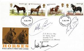 Lester Piggott, Willie Carson and Mike Channon signed Horses FDC. Good condition. All autographs