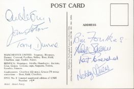 Manchester United Legends Multi Signed 1968 European Cup Final Postcard. Signed on the rear by
