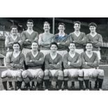 Autographed JOHN GREIG 12 x 8 photo - B/W, depicting Rangers players including Greig posing for a