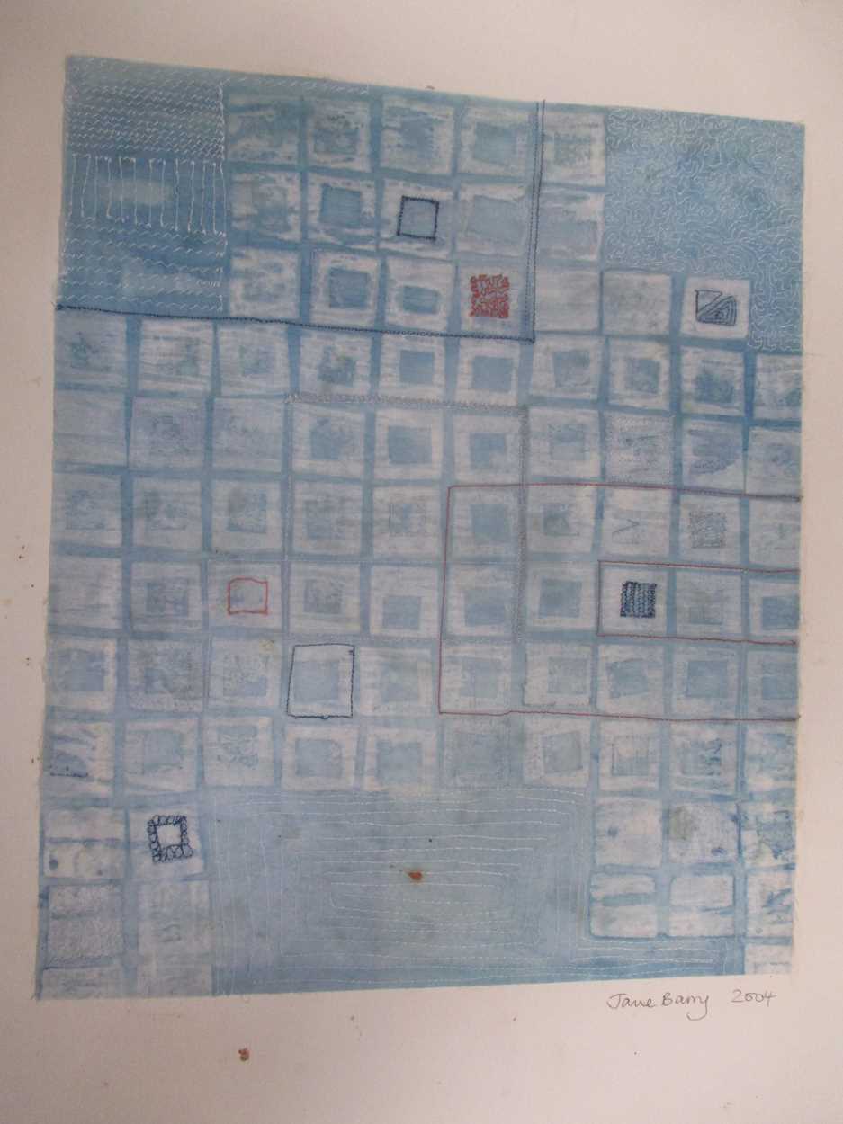 A folio of various artworks including Jane Barry, 2004, 'Blue Sky Thinking', textile art, signed - Image 4 of 6