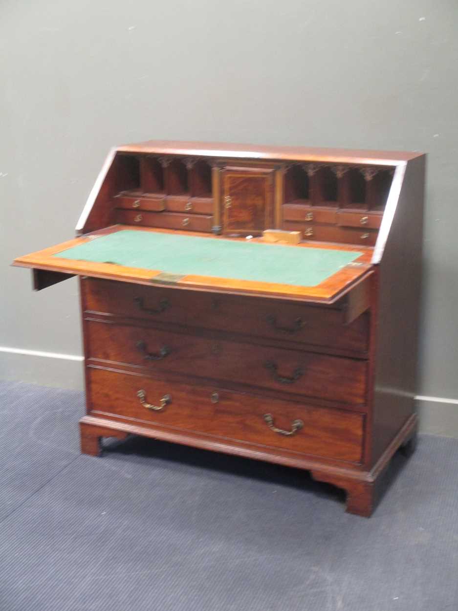 A George III mahogany bureau, circa 1770, with well fitted interior, pigeonholes and drawers above - Image 2 of 7