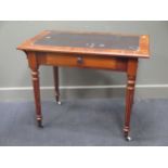 An Edwardian mahogany rectangular writing table, on fluted turned legs with ceramic castors 77 x