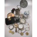 A Bronze golfing medal, a Brevet Swiss car clock No122628, a Swiss silver cased pocket watch, a