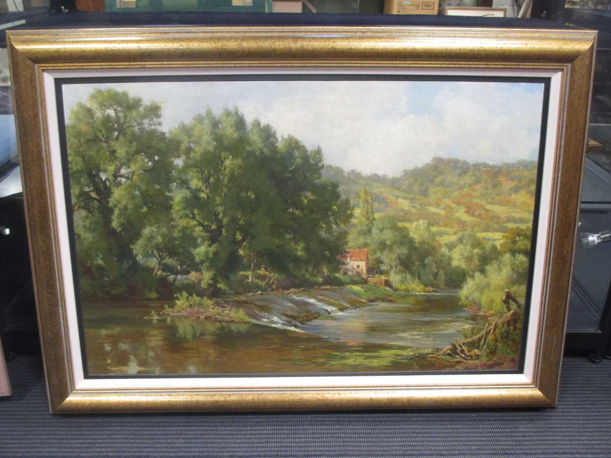 Manner of Alfred East, Cottage on the River Bank, oil on canvas, 48.5 x 74cm - Image 3 of 5