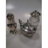 A Georgian silver mustard pot, a Georgian silver pepperette and a William IV silver mounted cut