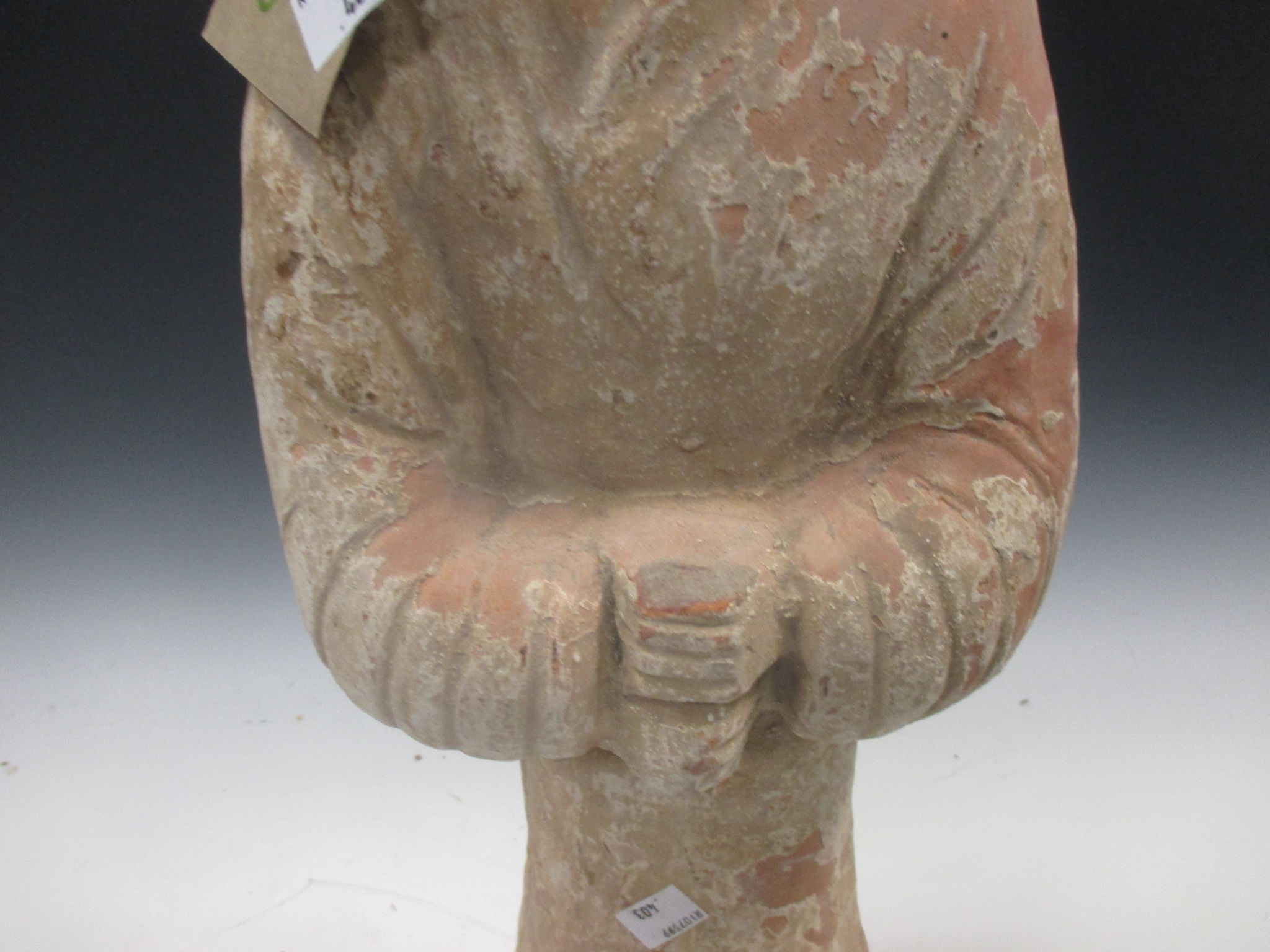 Two Chinese painted pottery figures, a standing figure of a guard, Han type, 57cm high; and a - Image 10 of 15