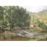 Manner of Alfred East, Cottage on the River Bank, oil on canvas, 48.5 x 74cm