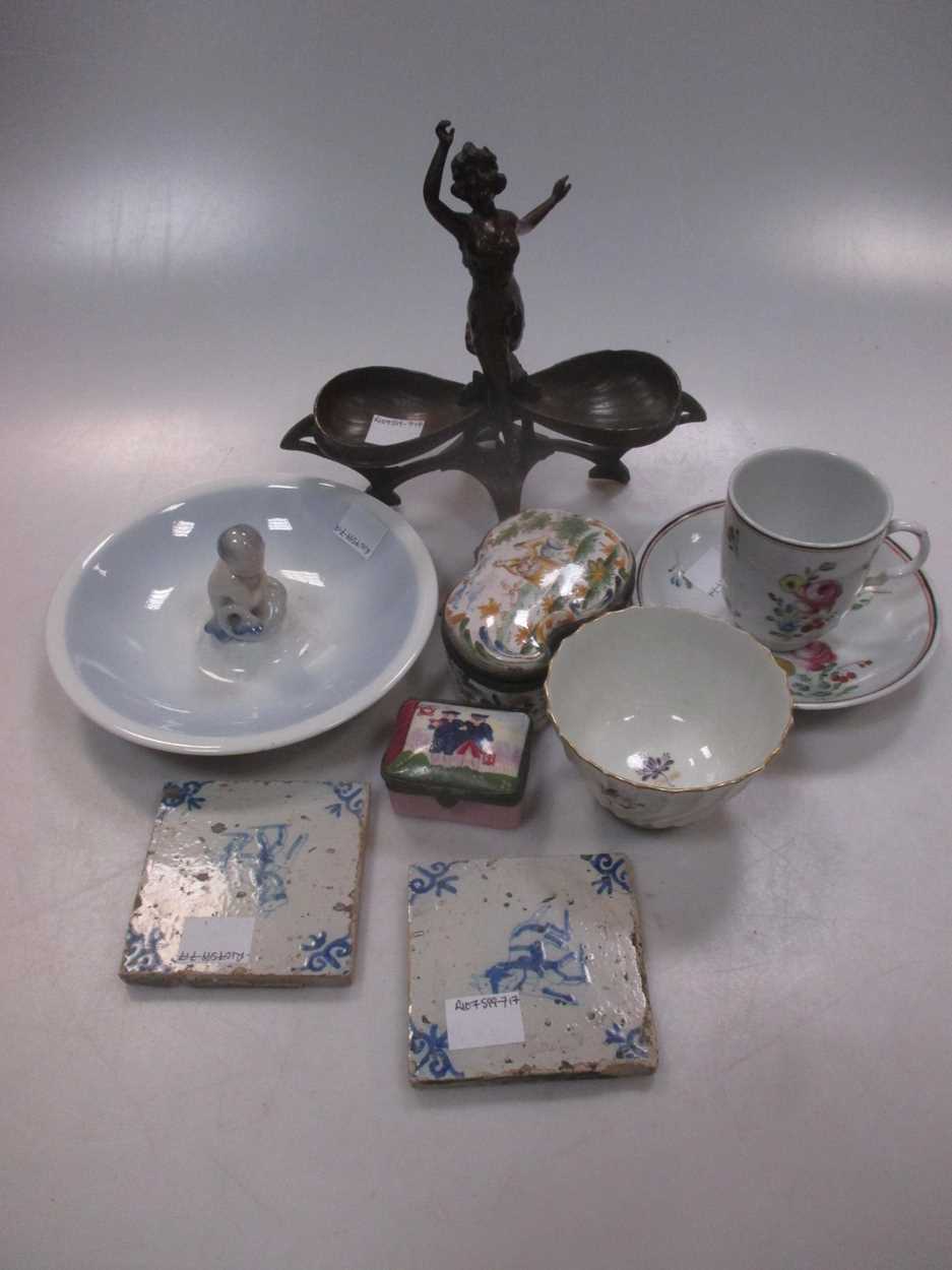 A continental porcelain cup and saucer circa 1780, a Barr Worcester teabowl circa 1790, a faience