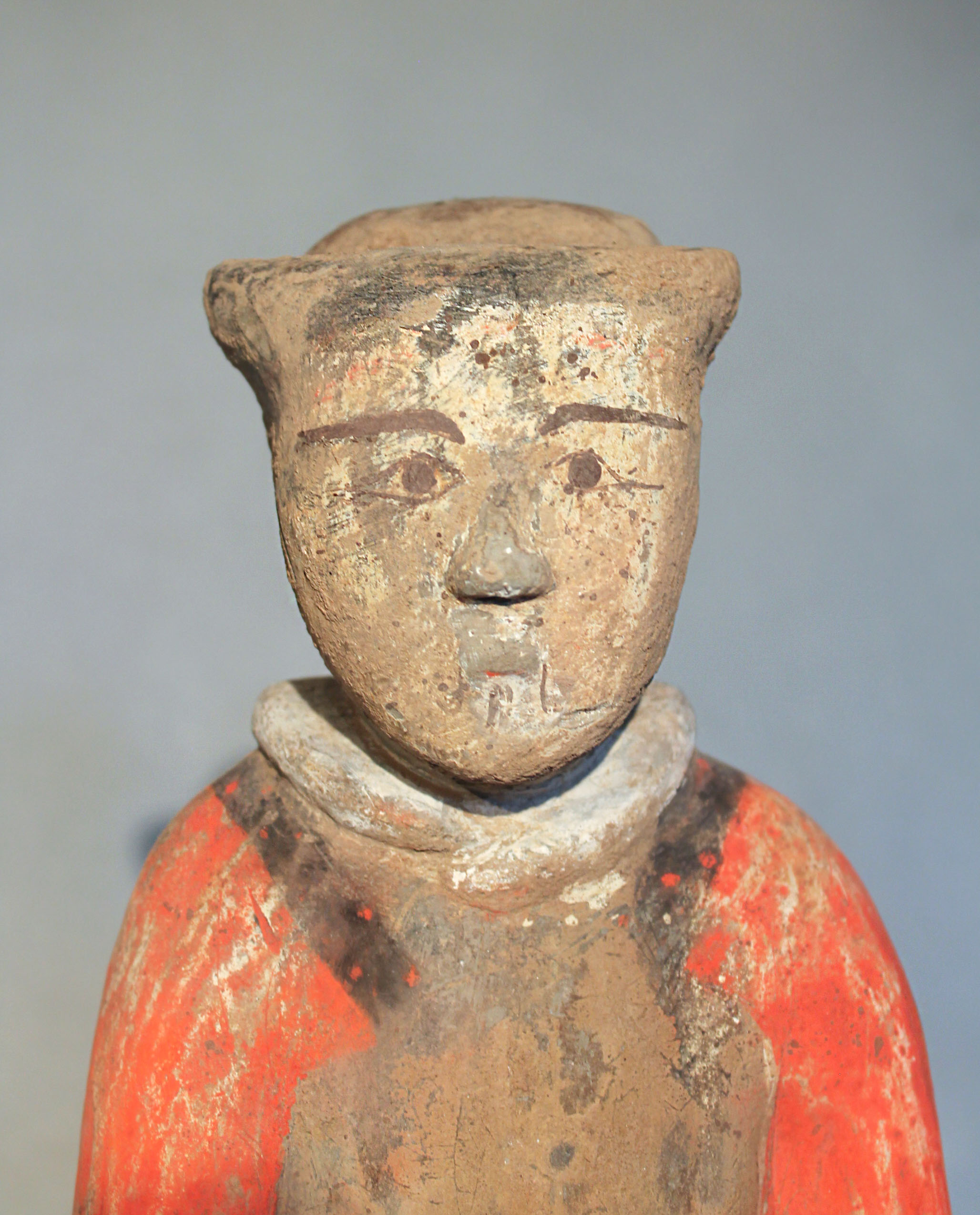 A Chinese painted pottery standing figure of a guard or attendant, perhaps Han Dynasty, 44.5cm - Image 3 of 5