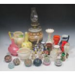 A Doulton Lambeth stoneware oil lamp, a Beleek vase, a Graingers Worcester reticulated vase, A Crown