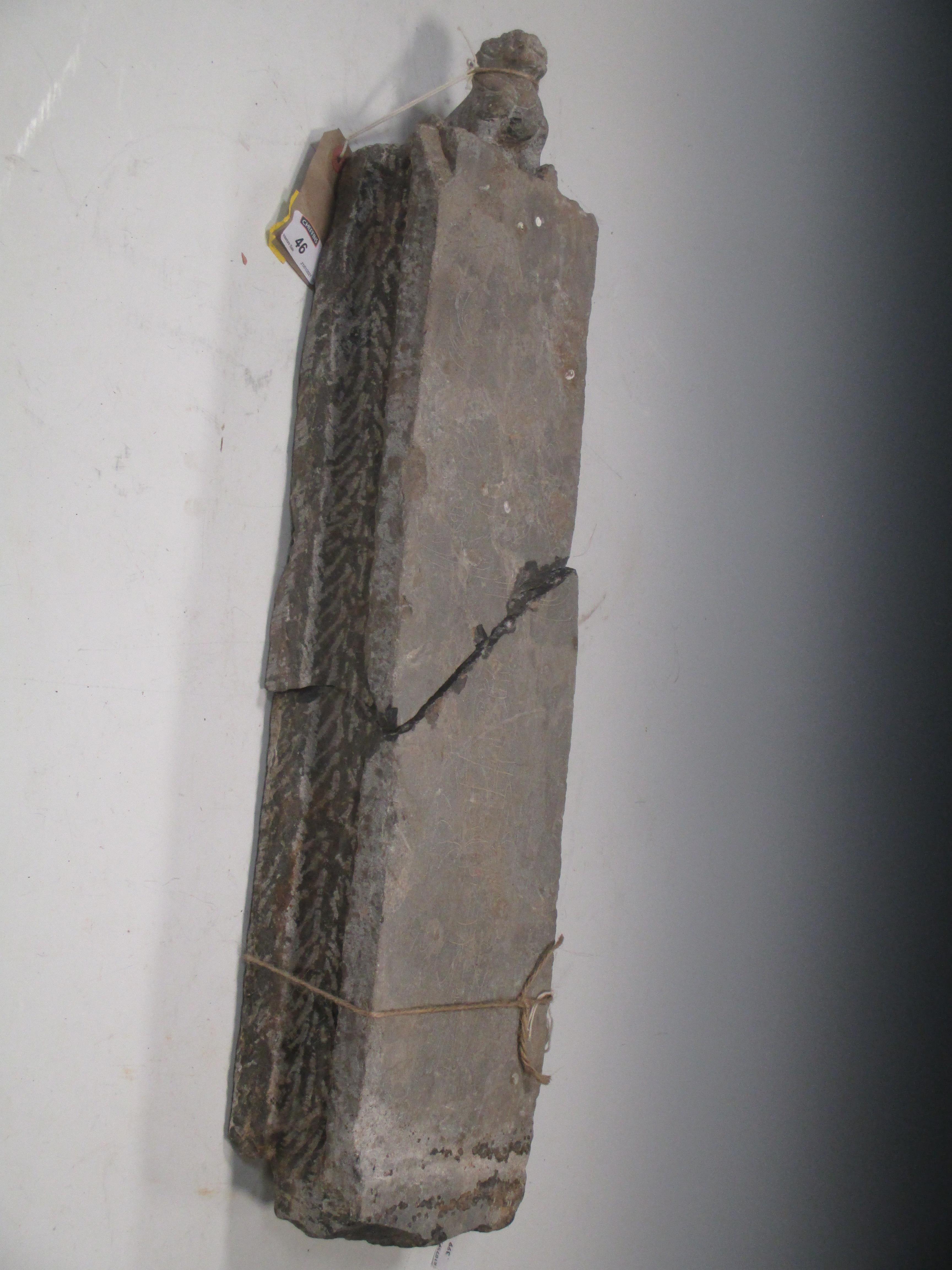 A Chinese grey limestone door jamb/stele, of rectangular section, a Fo dog to the top, incised - Image 3 of 14