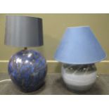 A large blue glazed studio pottery lamp and another, a Doulton Lambeth jardinière and a Denby