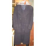 A mid 20th century military great coat, a ladies fur coat, various linen and textiles etc