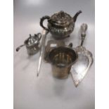 A silver bachelor's teapot, a silver mustard and spoon, a silver child's cup and a silver meat