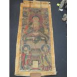 A Chinese Buddhist hanging scroll, depicting a Buddha seated above two Bodhisattvas, Qing Dynasty,