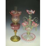 A good Victorian glass epergne and a Cranberry glass and brass oil lamp (2)