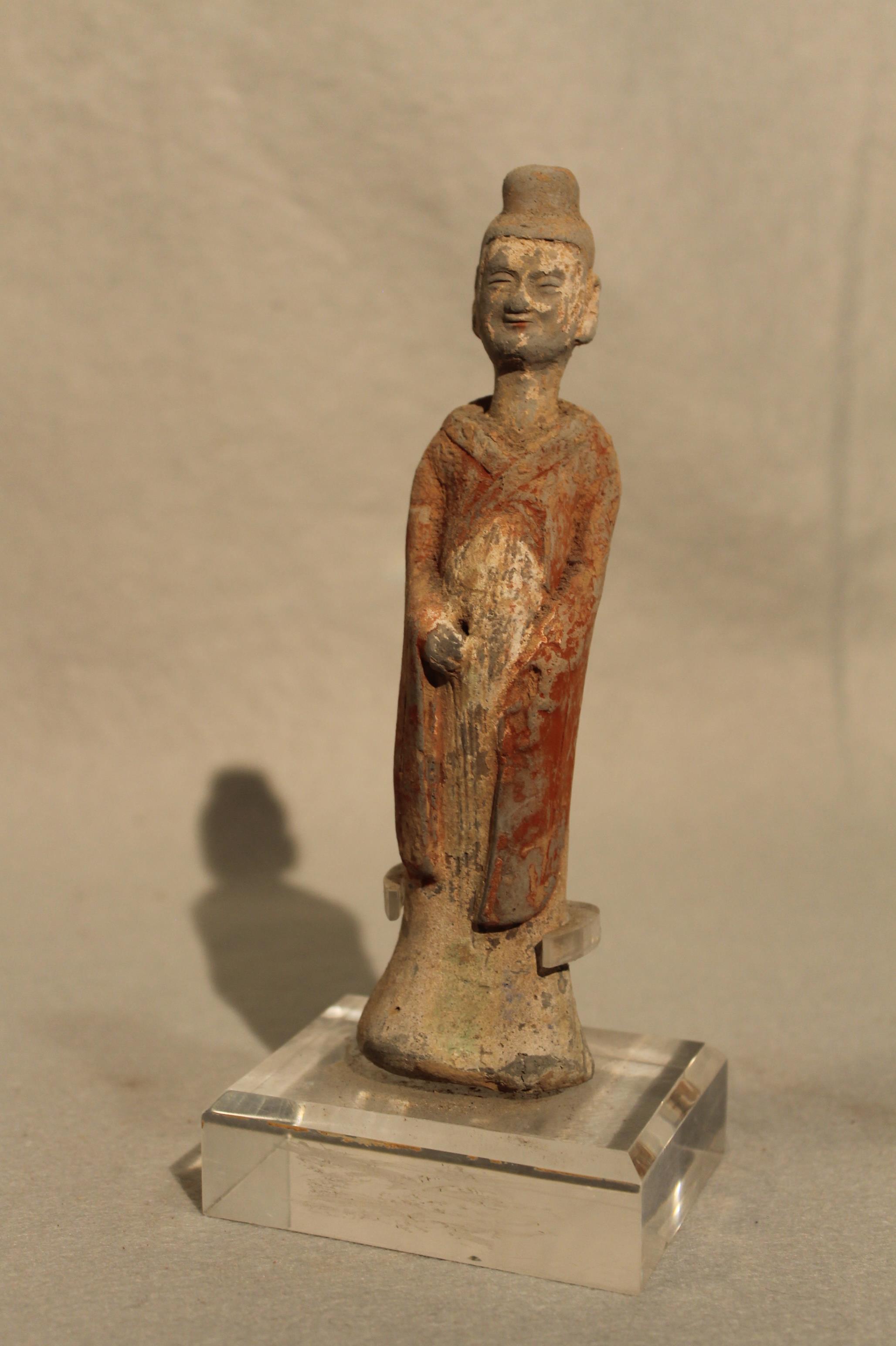 Three Chinese painted pottery standing figures, perhaps Han Dynasty, of a lady and two men, - Image 7 of 13