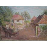Sir David Murray RA (1849-1933) Horse and cart in a famyard, oil oln board, signed dated 1928, label