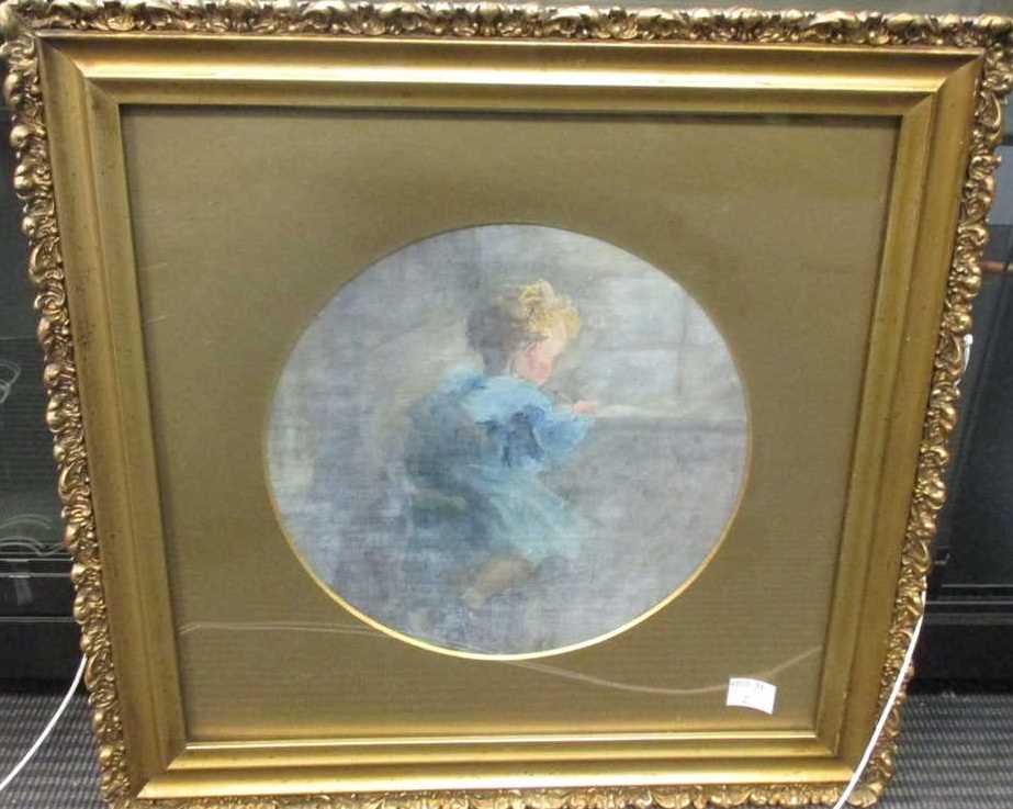 An early 20th century oil study of a young child writing, circular, probably on canvas board, 22cm - Image 2 of 7