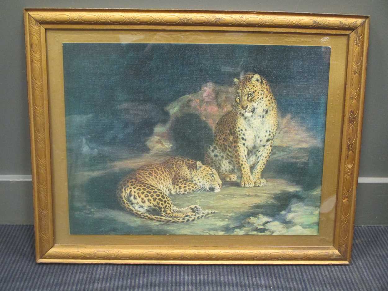 A pair of Victorian still lives of flowers, a Victorian wool work picture, a print of a leopard, - Image 6 of 7