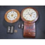 A postman's alarm wall clock, a Vienna type drop dial wall clock and a small filt timepiece (3)