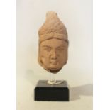 A red sandstone head of a Bodhisattva, possibly Tang Dynasty, with full face, the hair upswept to