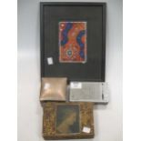 A silver cigarette box, an Art Nouveau style gift box, small Aboriginal 'Tribal dreaming' picture,