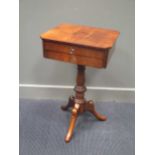 An early Victorian mahogany work table the canted corner top with two drawers and keys (one