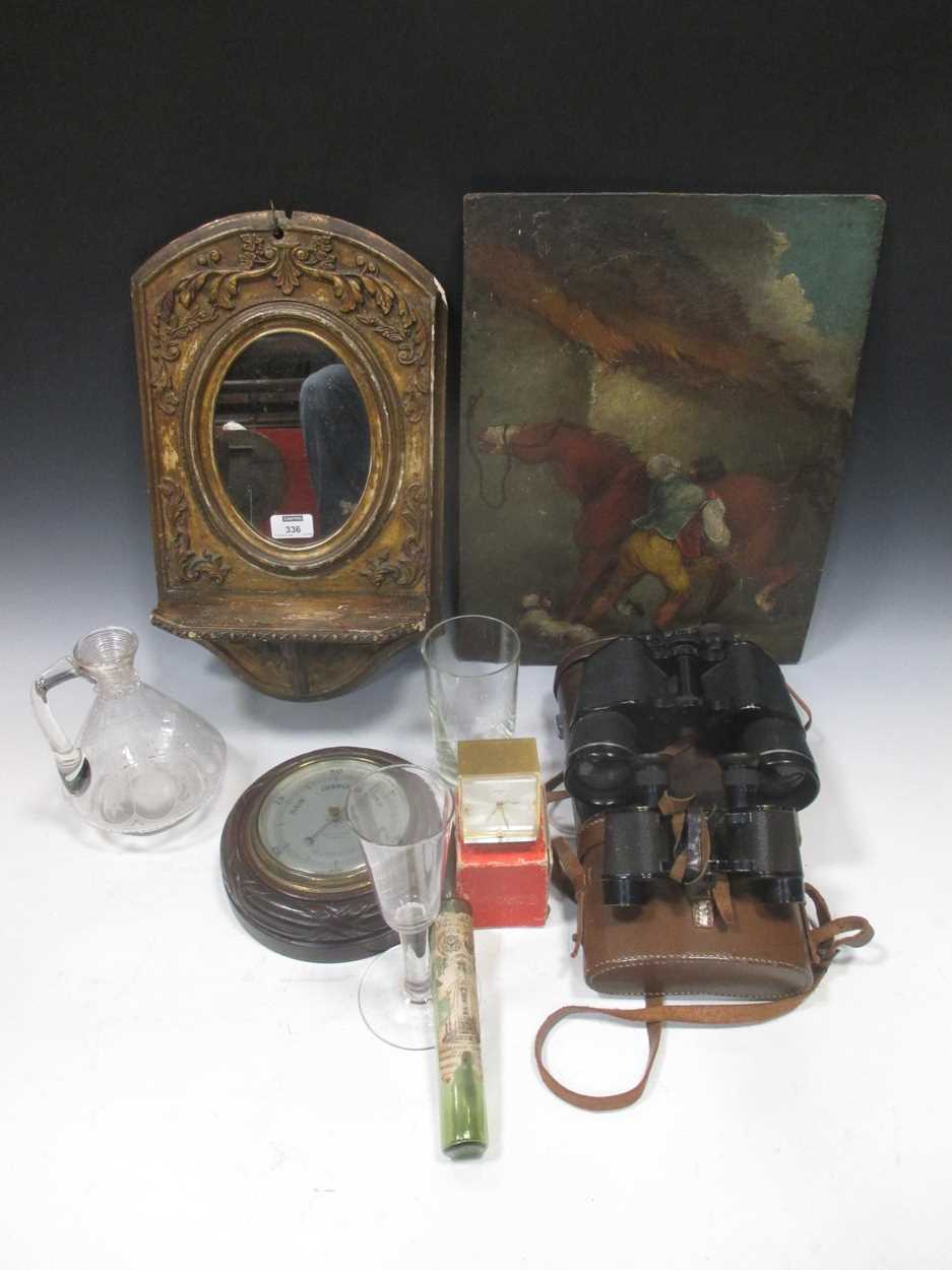 A gilt wood wall bracket with mirror, a small Mappin & Webb barometer, two cased binoculars and a