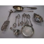 Various sterling silver teaspoons, a caddy spoon, pair servers, bonbon dish, etc., 9.8ozt
