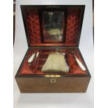 A Victorian burr walnut work box together with a small quantity of silver dressing table wares