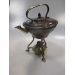 W.A.S Benson, a copper and brass kettle on stand with burner, stamped mark to stand