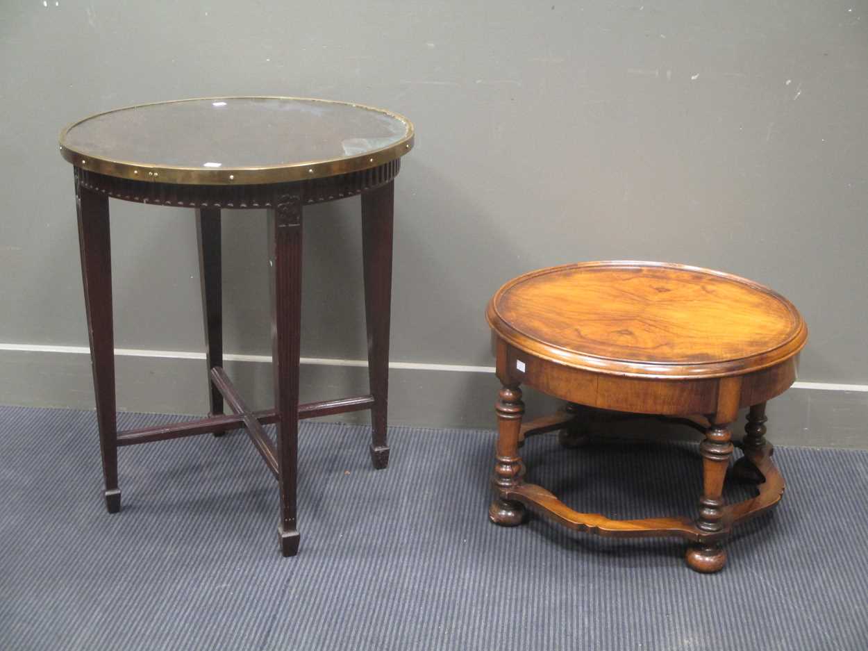 A circular top pub table 73 x 63cm and a walnut veneer coffee table 40 x 60cm