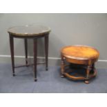 A circular top pub table 73 x 63cm and a walnut veneer coffee table 40 x 60cm
