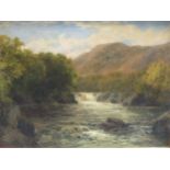 Victorian school, a riverscape with waterfalls. Indistinctly signed and dated 'oil on canvas 38 x