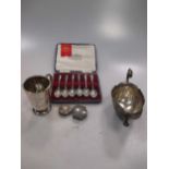 Various silver: sauce boat, mug, 2 pill boxes, teaspoons and nips, 11.7ozt