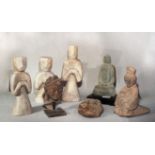 Seven Chinese stone heads, figures and a Buddha, 28cm (maximum)