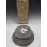 A Chinese grey stone basket and cover, perhaps archaic, 15cm high and a grey pottery brick, Han
