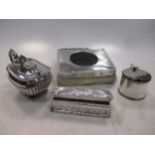 A silver watch case, 2 mustard pots and a pin box (4)